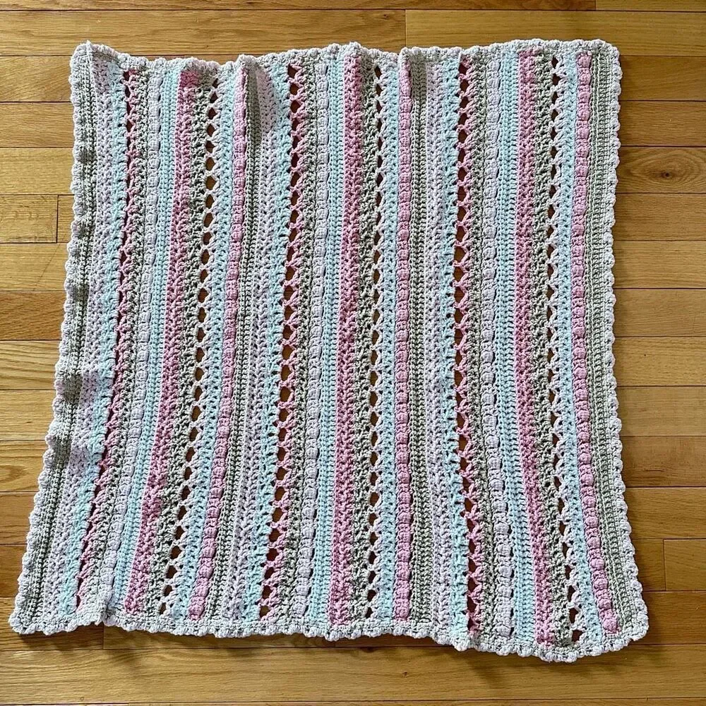 Hand Knit Baby Afghan Tan, White & Pink